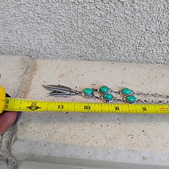 Southwest Native Style Turquoise Sterling Silver Feather Dangle Lariat Necklace - Picture 7 of 9